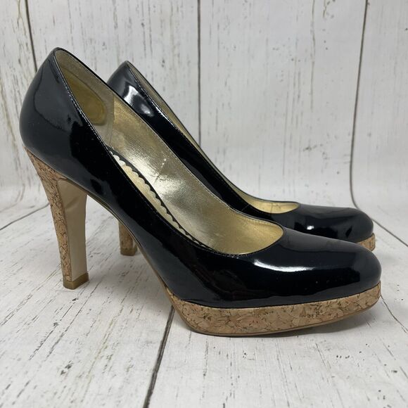 Jessica Simpson Leather Pumps Size 8.5 Black Cork High Heel Made In Brazil - Picture 4 of 12